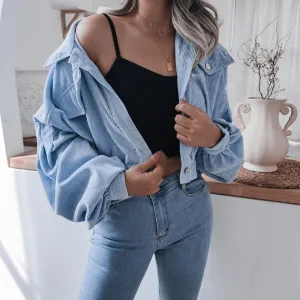 Joskaa Autumn Winter Women Lantern Long Sleeve Corduroy Short Jacket For Ladies Solid Color Turn Down Collar Chic Tops