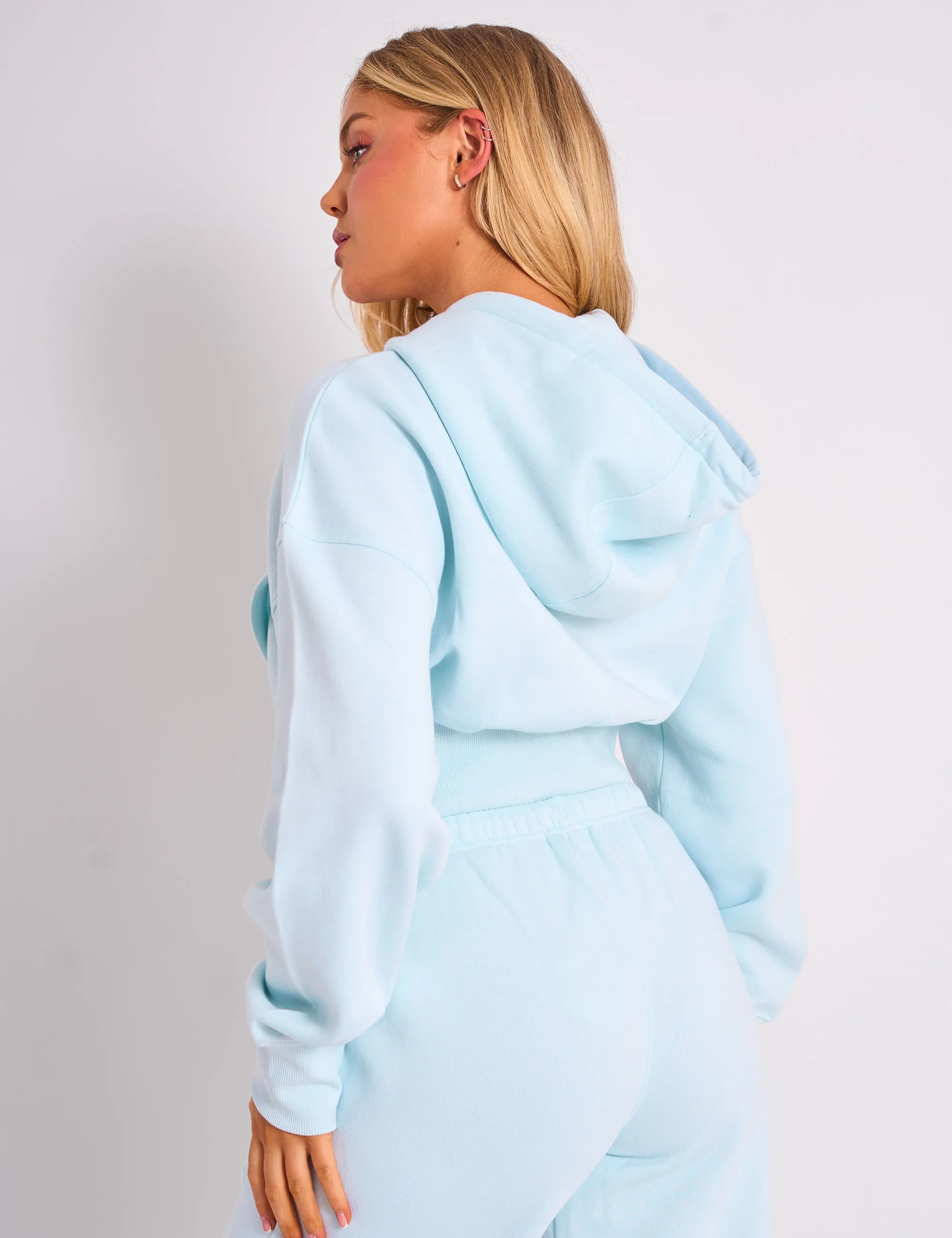 Kaiia Studio Logo Cropped Zip Up Hoodie Light Blue