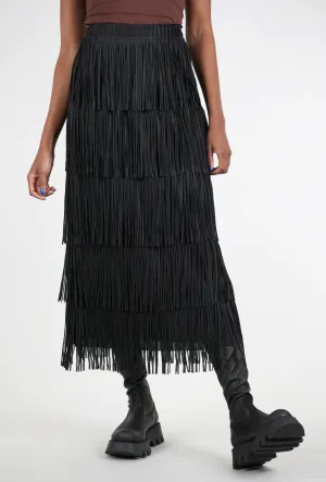 Layered Fringe Tiered Skirt, Black