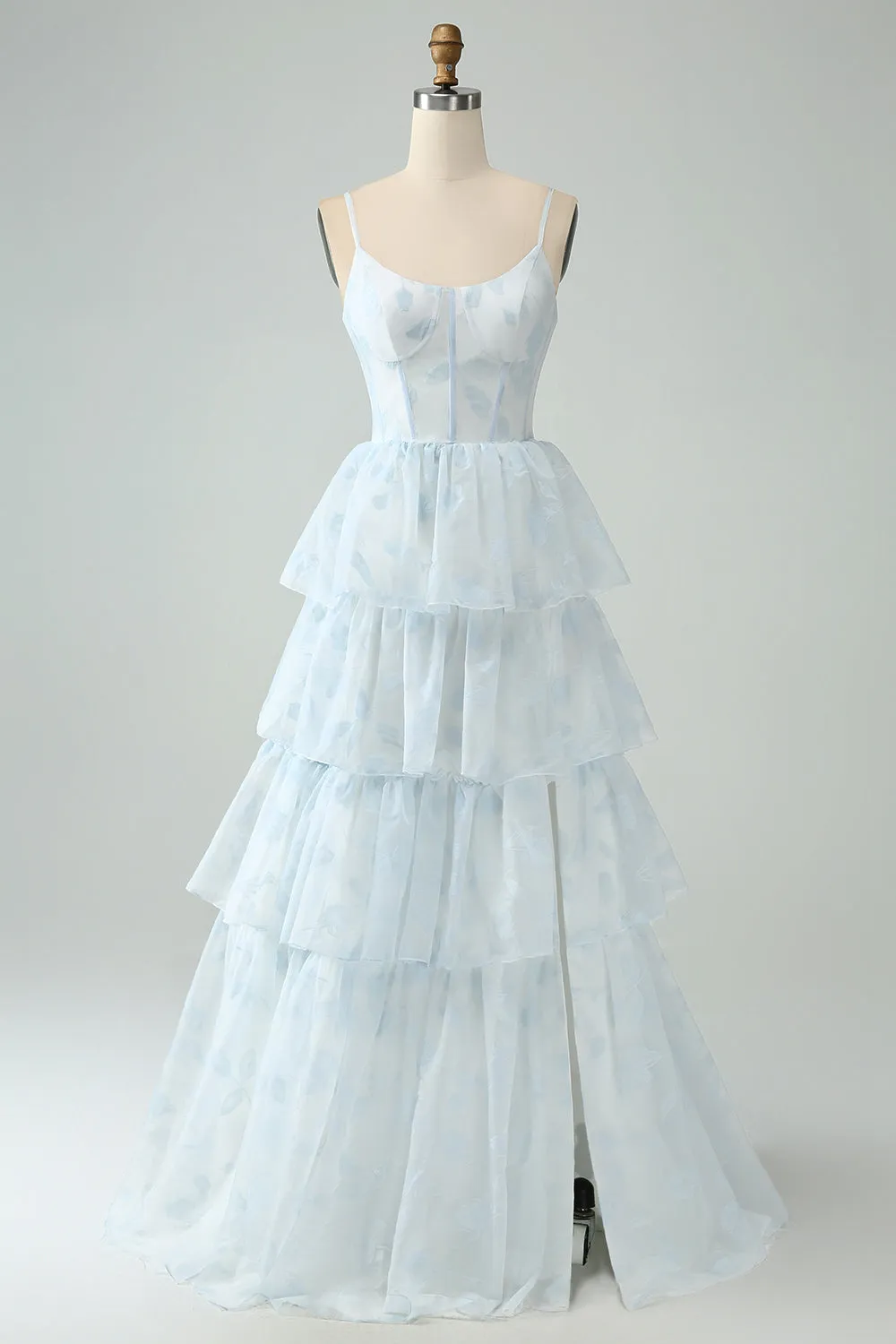 Light Blue A Line Tulle Corset Tiered Spaghetti Straps Maxi Dress