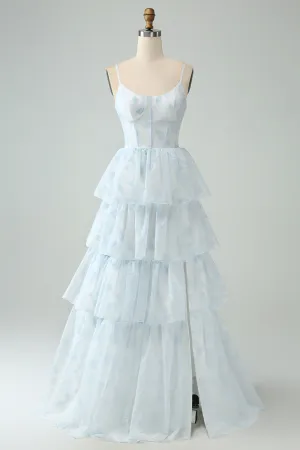 Light Blue A Line Tulle Corset Tiered Spaghetti Straps Maxi Dress