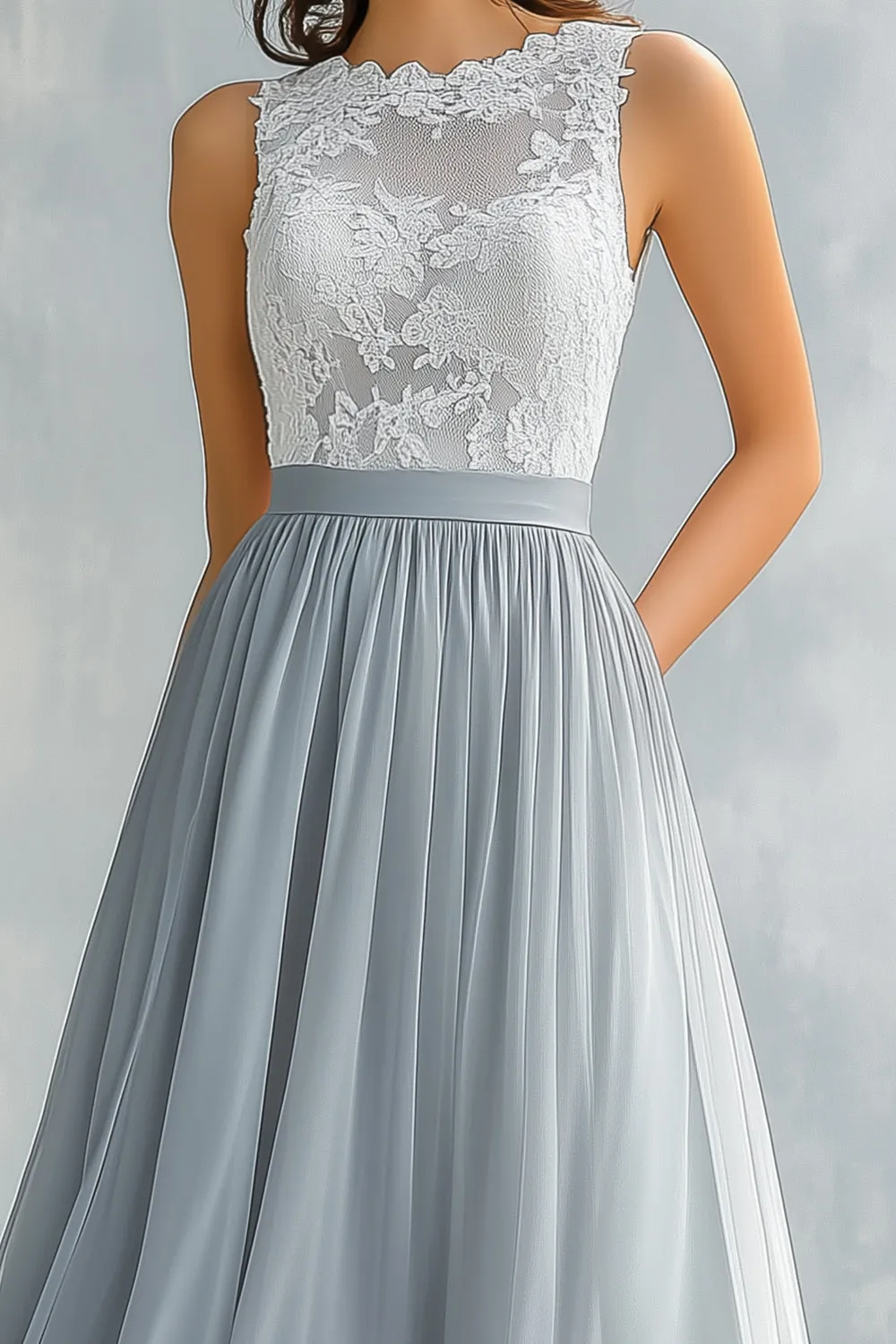 Light Grey A Line Round Neck Lace Bridesmaid Dress