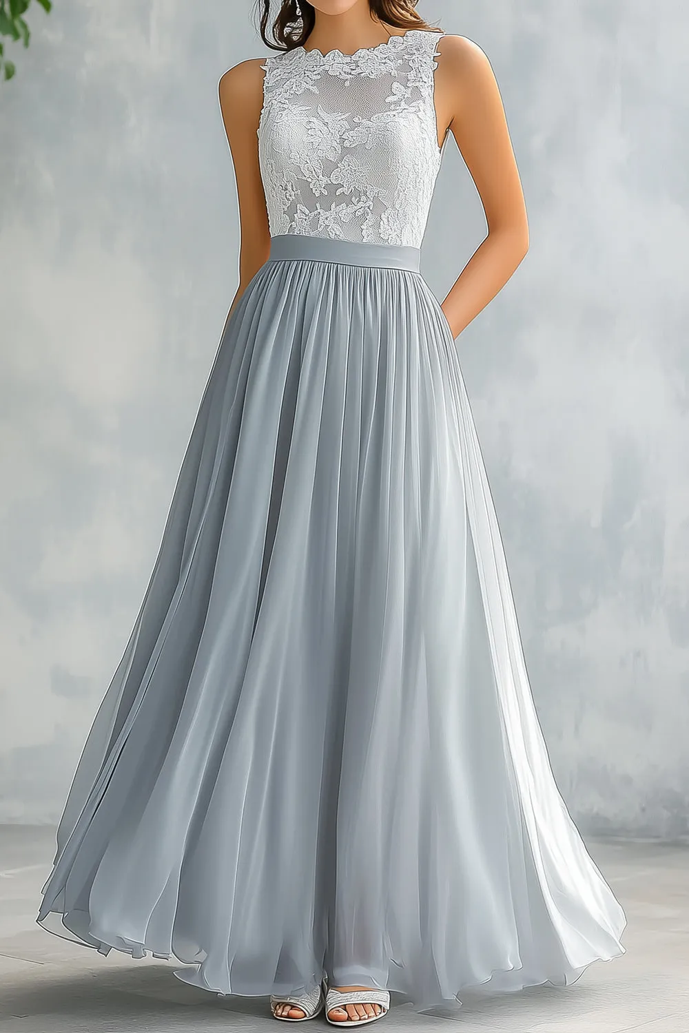 Light Grey A Line Round Neck Lace Bridesmaid Dress