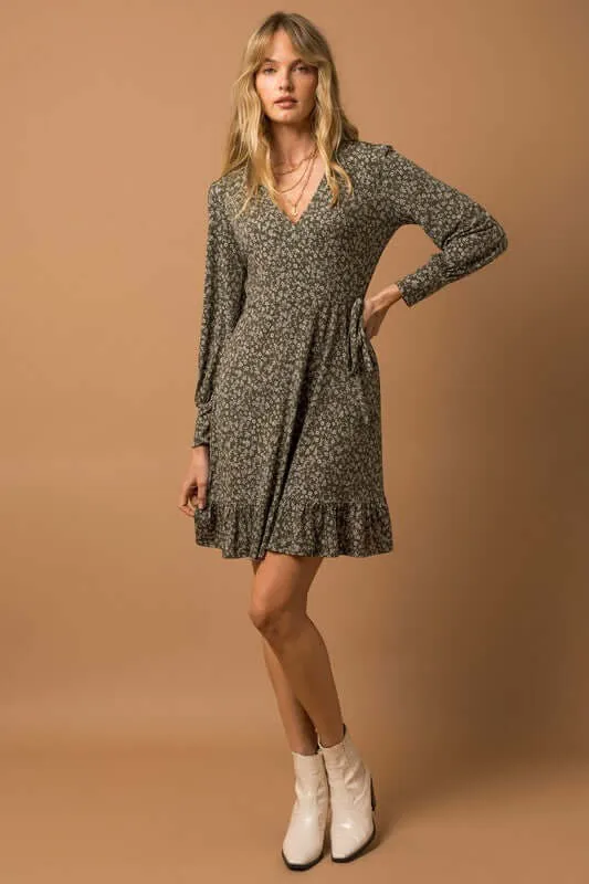 Long Sleeve Faux Wrap Ruffle Hem Dress