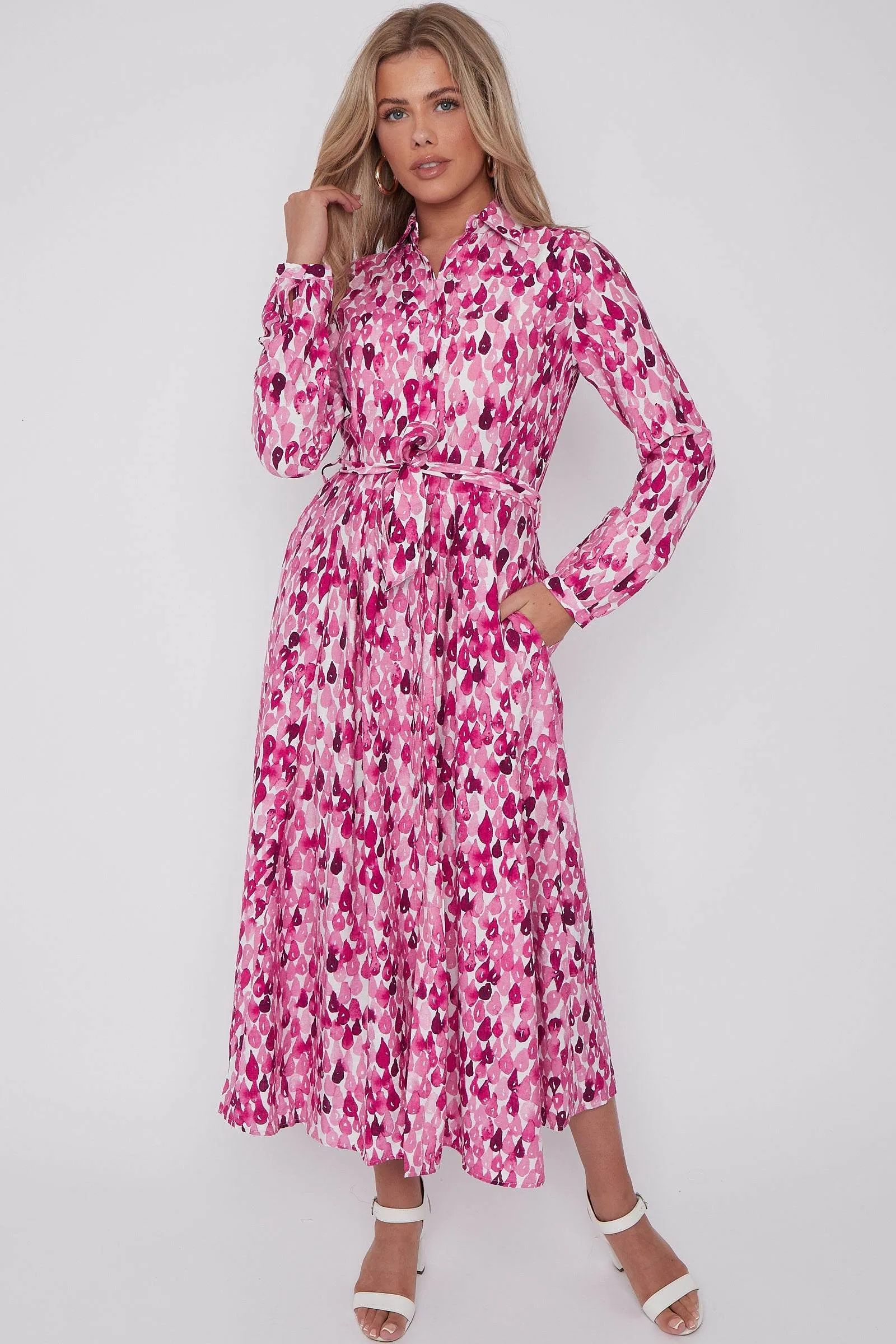 LOVE SUNSHINE Pink Drops Printed Midaxi Shirt Dress