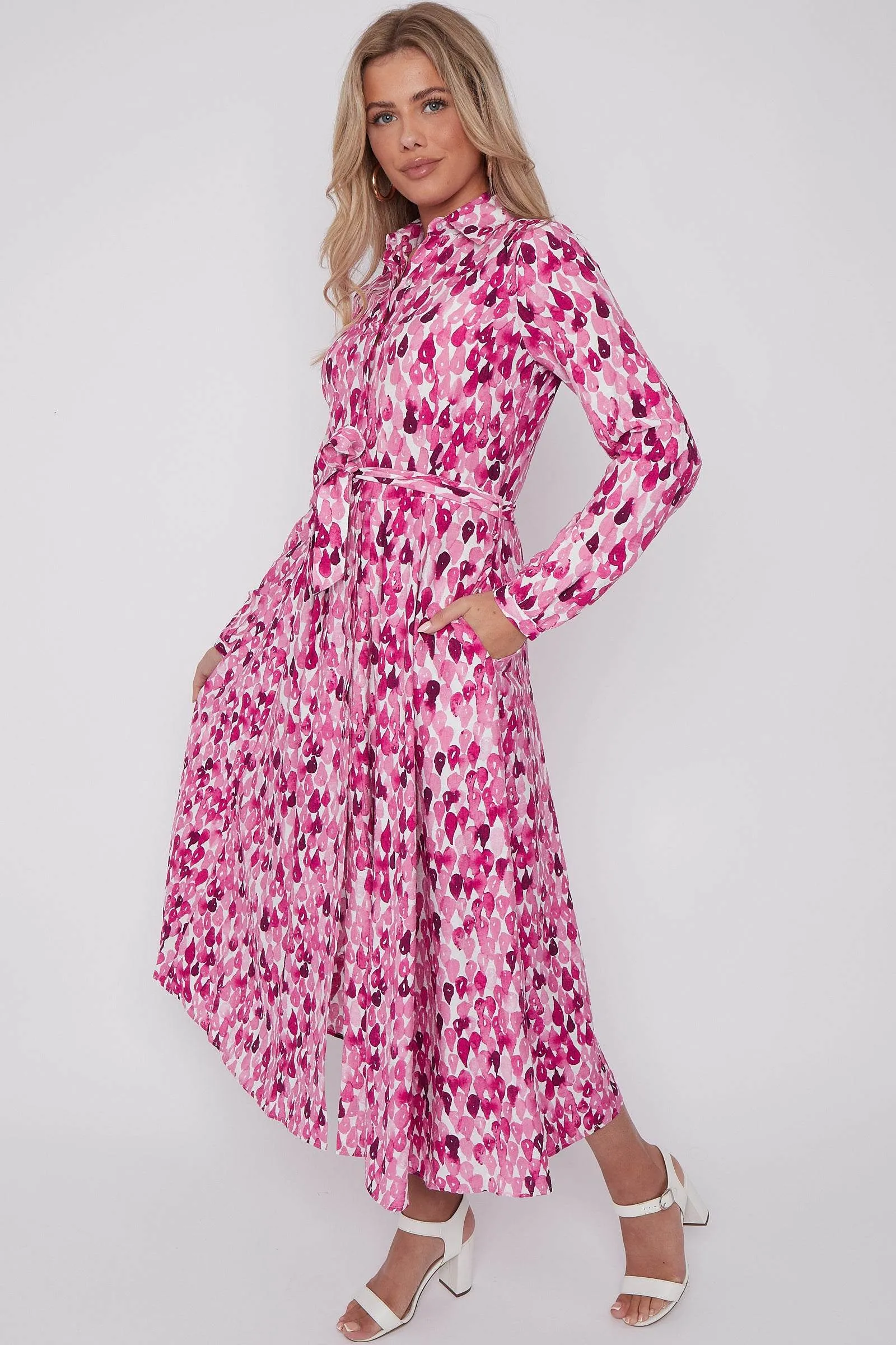 LOVE SUNSHINE Pink Drops Printed Midaxi Shirt Dress