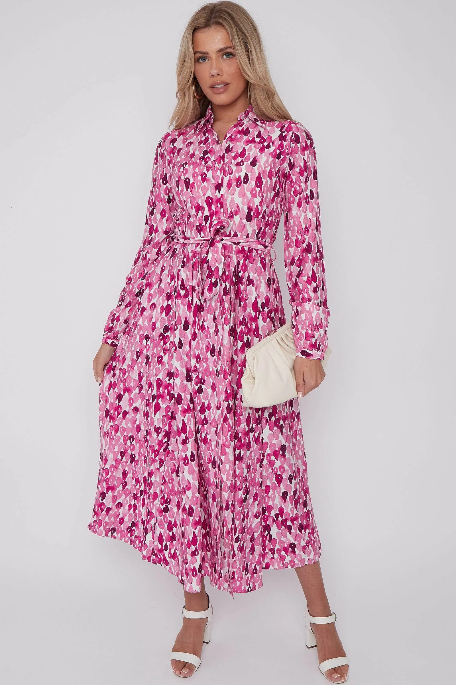 LOVE SUNSHINE Pink Drops Printed Midaxi Shirt Dress