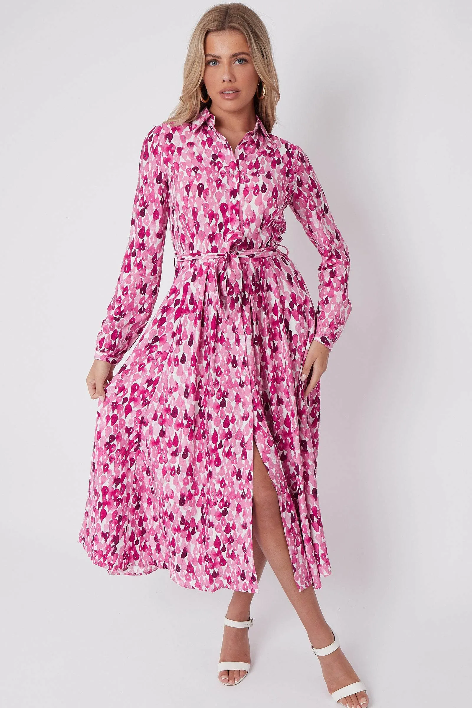 LOVE SUNSHINE Pink Drops Printed Midaxi Shirt Dress