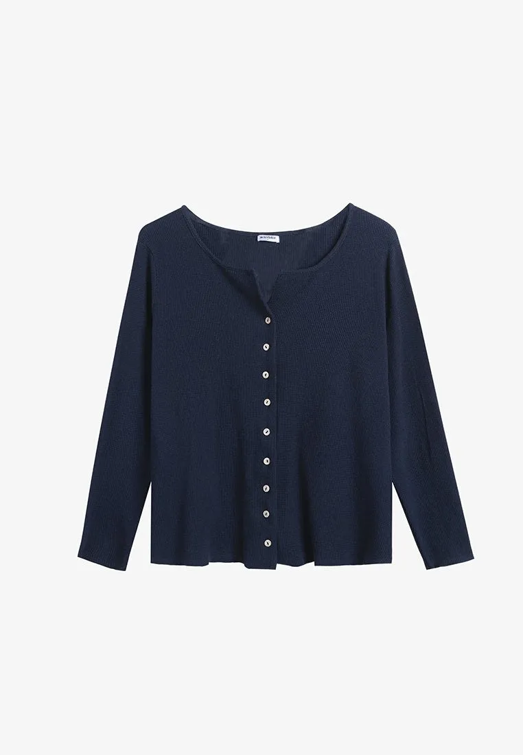 Melanie Versatile Waffle Button Top - Navy Blue