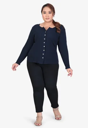 Melanie Versatile Waffle Button Top - Navy Blue