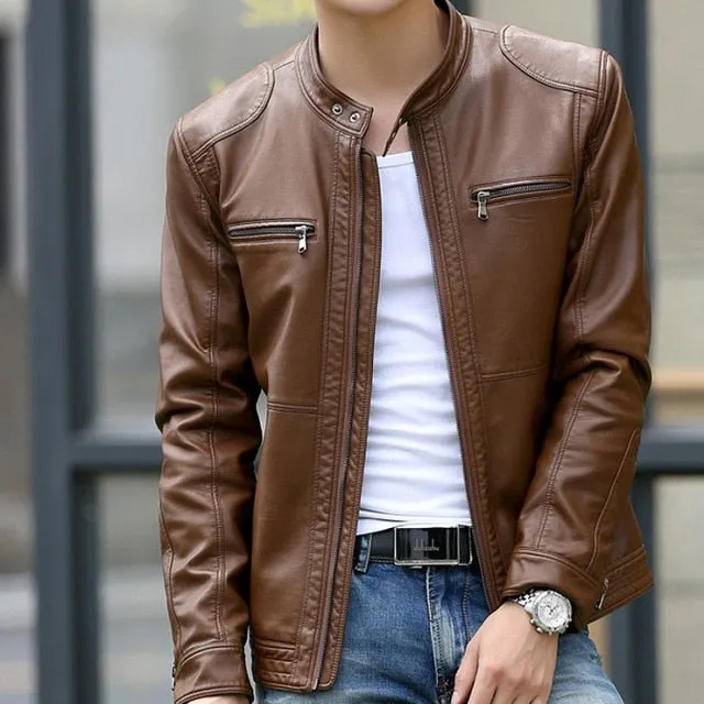 Men's Leather Jackets Stand Collar Coats