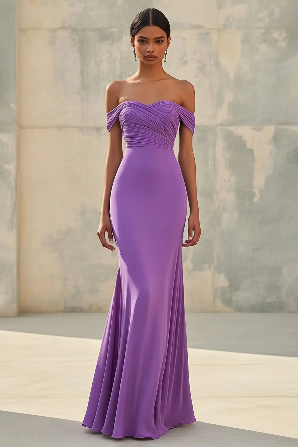 Mermaid Off Shoulder Purple Chiffon Long Formal Dress