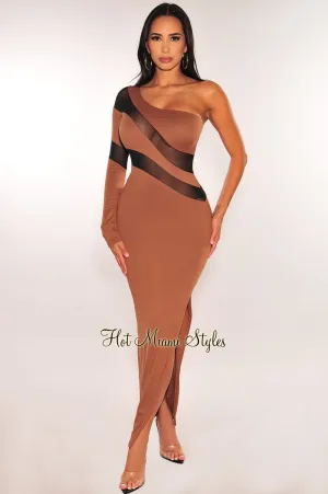 Mocha Black Mesh One Sleeve Slit Midi Dress