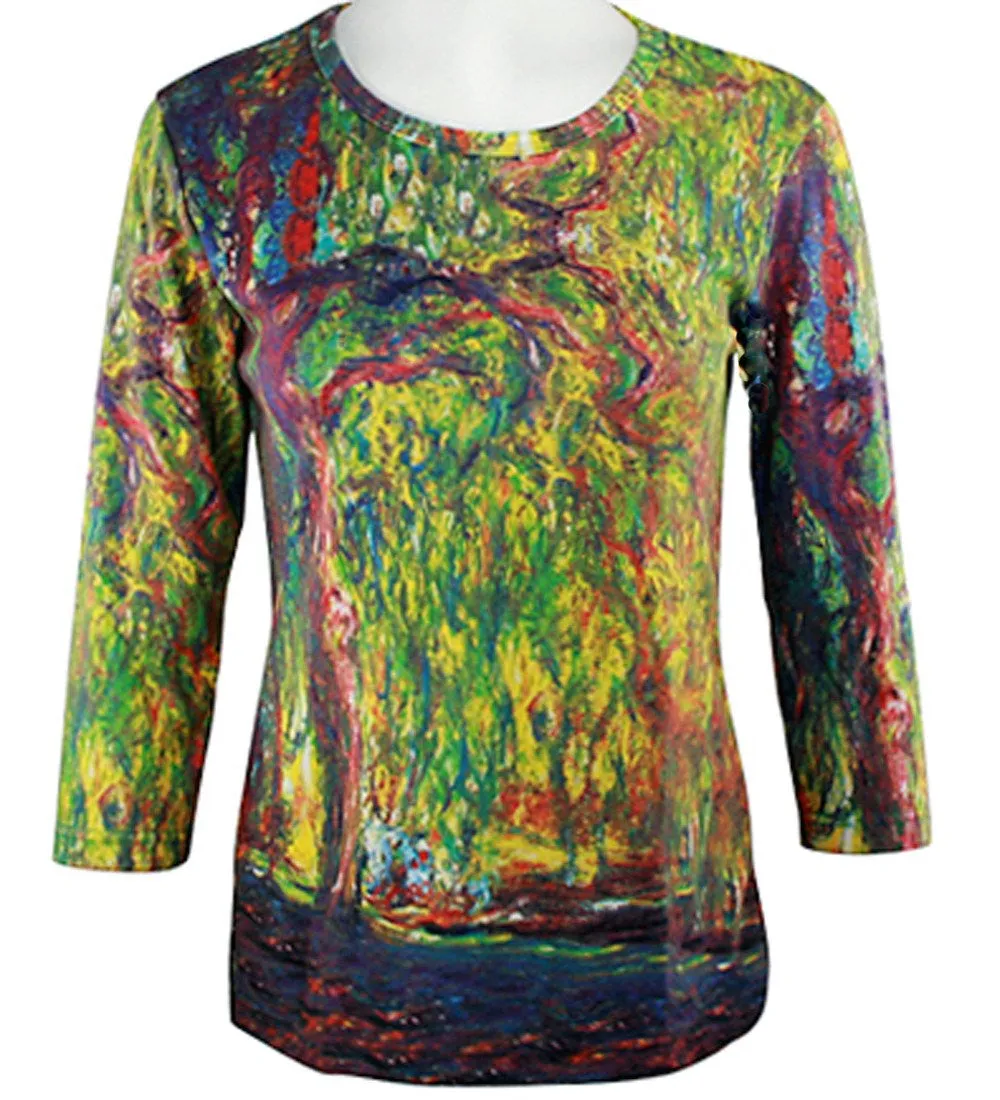 Monet Weeping Willow, 3/4 Sleeve, Scoop Neck, Hand Silk Screened Artistic Top