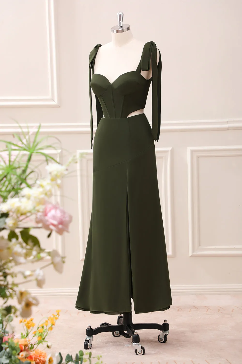 Olive A Line Sweetheart Spaghetti Straps Maxi Dress with Slit