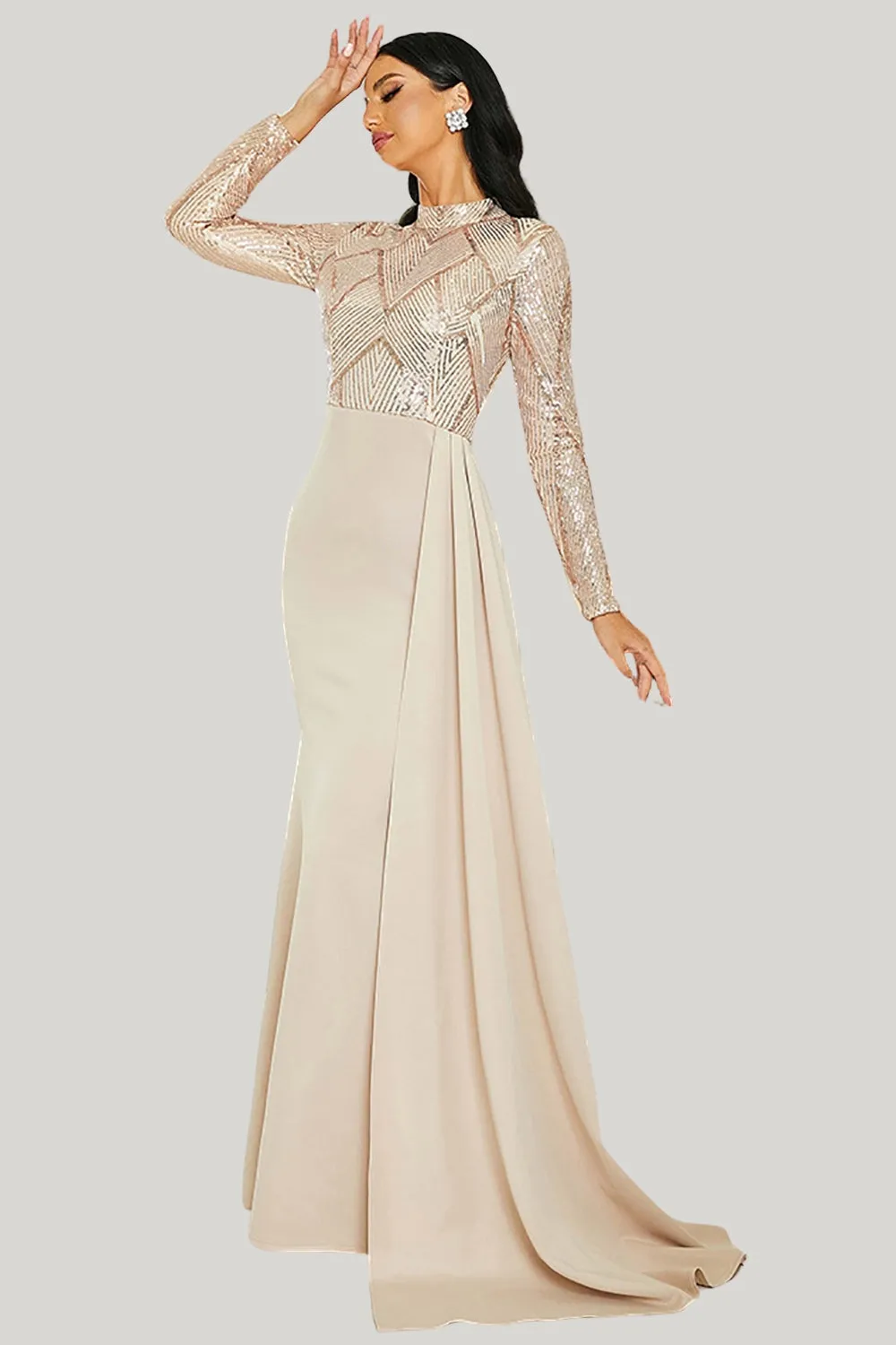 Pleated Sparkly Apricot Long Sleeves Mermaid Maxi Dress