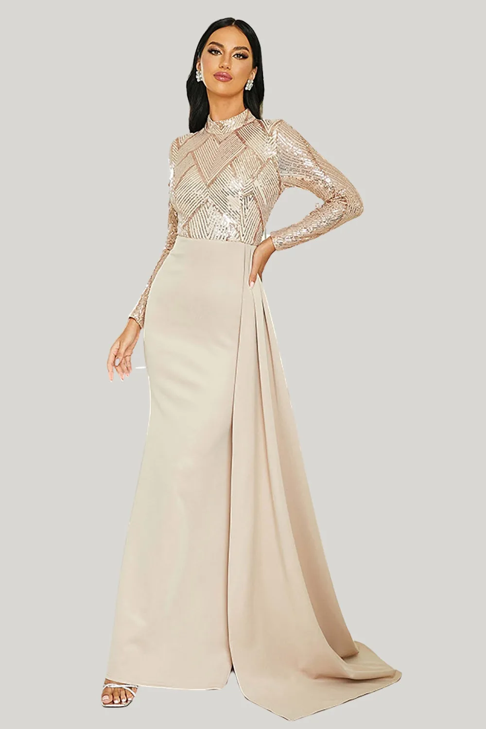 Pleated Sparkly Apricot Long Sleeves Mermaid Maxi Dress