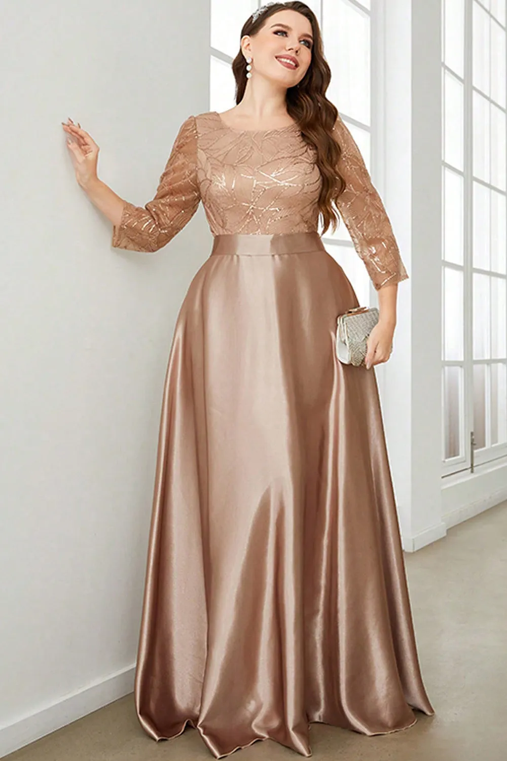 Plus Size Champagne Sequins Round Neck Maxi Dress with Sleeves