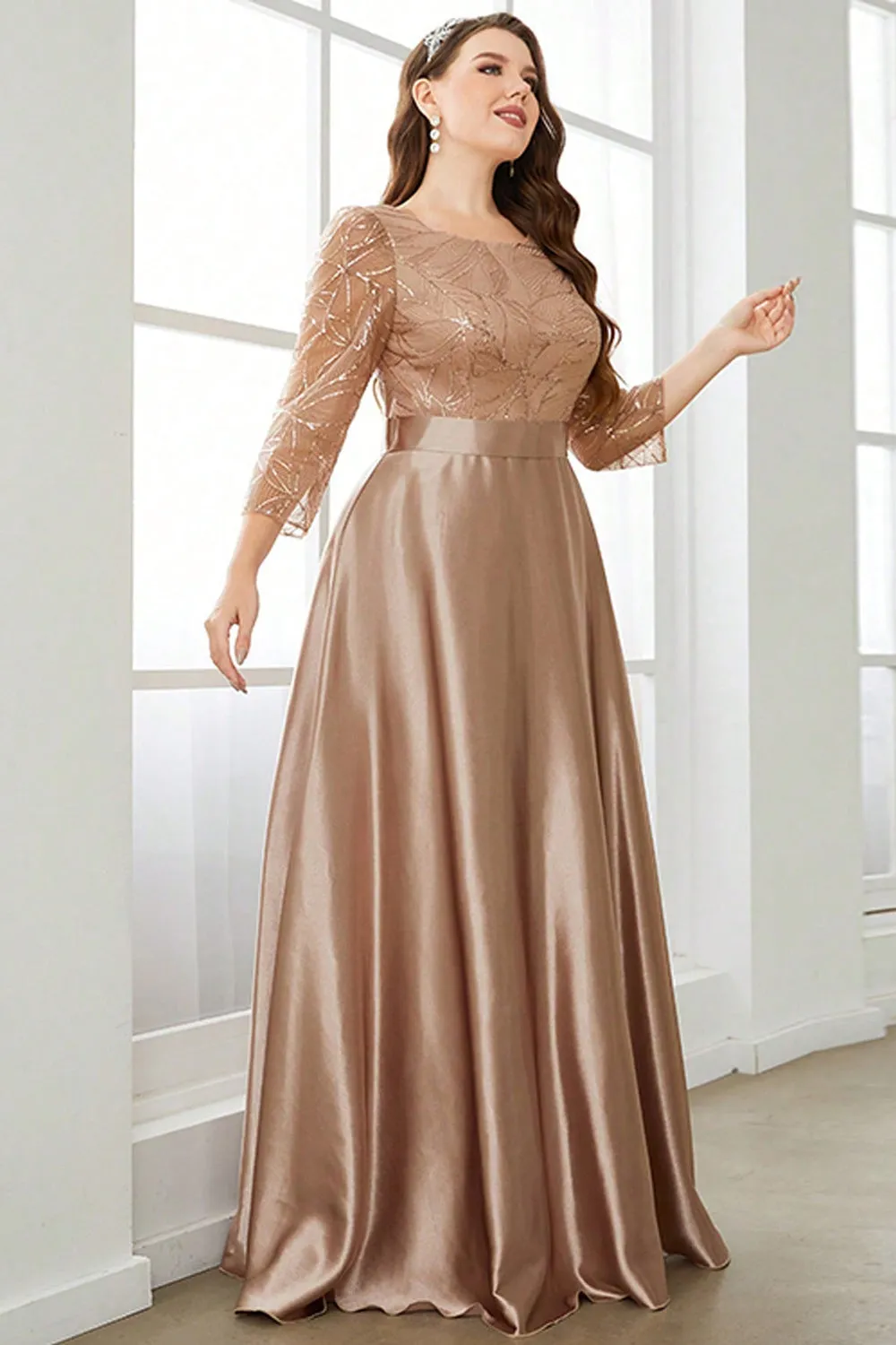 Plus Size Champagne Sequins Round Neck Maxi Dress with Sleeves