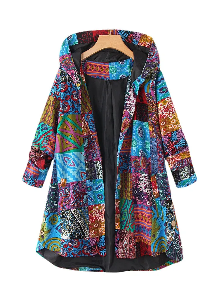 Plus Size Women Ethnic Style Printed Button Up Hooded Coats With Pocket