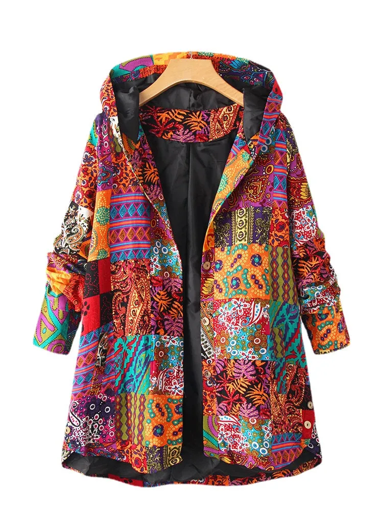 Plus Size Women Ethnic Style Printed Button Up Hooded Coats With Pocket