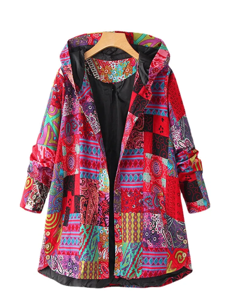 Plus Size Women Ethnic Style Printed Button Up Hooded Coats With Pocket