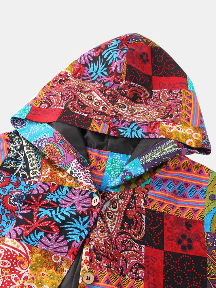 Plus Size Women Ethnic Style Printed Button Up Hooded Coats With Pocket