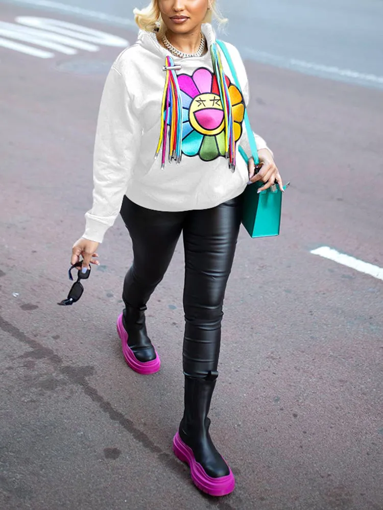 Printed High Neck Trendy Pullover Sweater - Pink