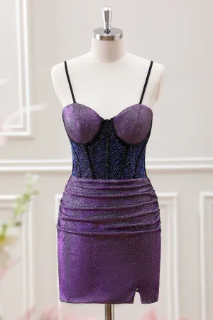 Purple Beaded Corset Pleated Bodycon Mini Dress with Slit