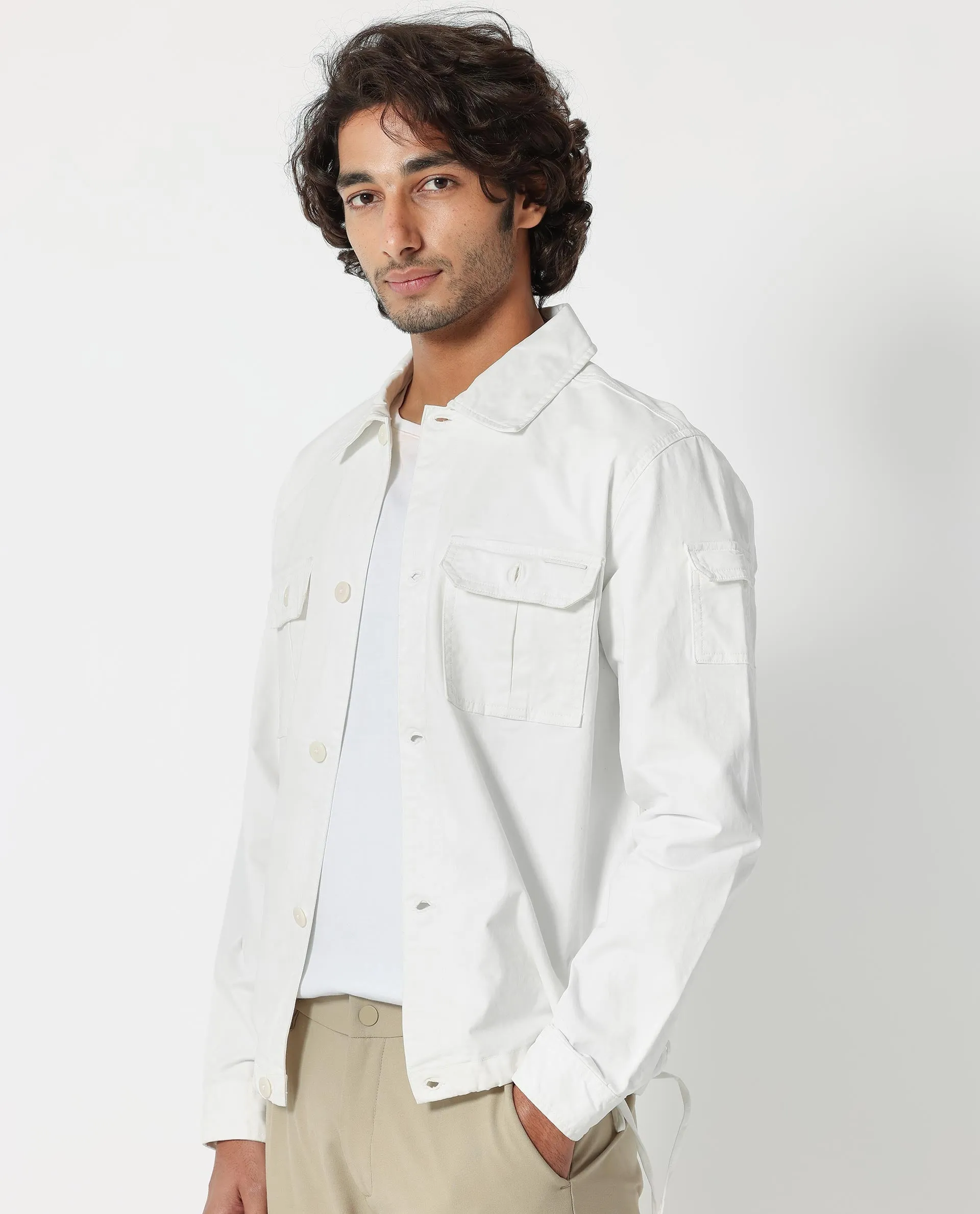 Rare Rabbit Men's Cedro White Cotton Lycra Fabric Full Sleeves Dyed Cargo Jacket