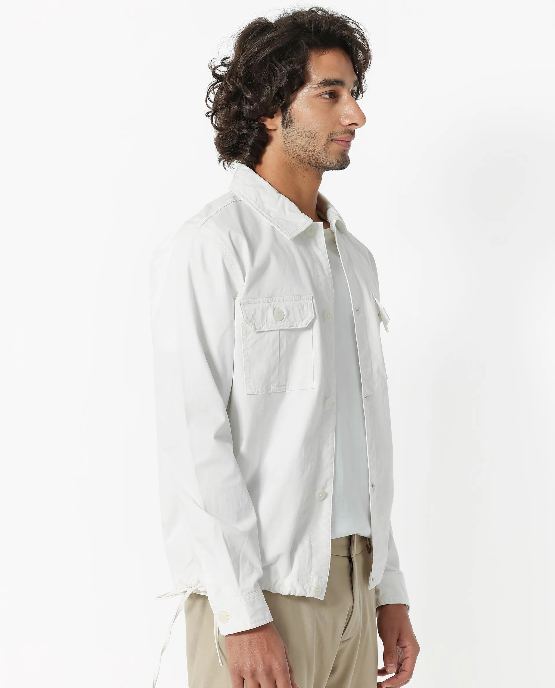 Rare Rabbit Men's Cedro White Cotton Lycra Fabric Full Sleeves Dyed Cargo Jacket