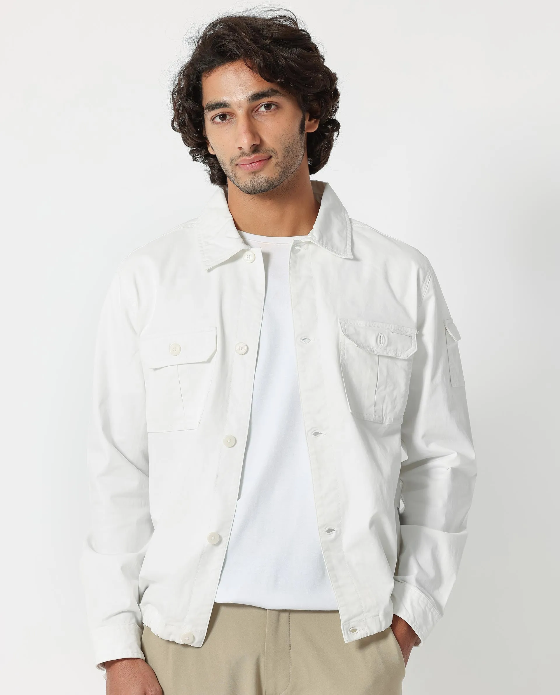 Rare Rabbit Men's Cedro White Cotton Lycra Fabric Full Sleeves Dyed Cargo Jacket