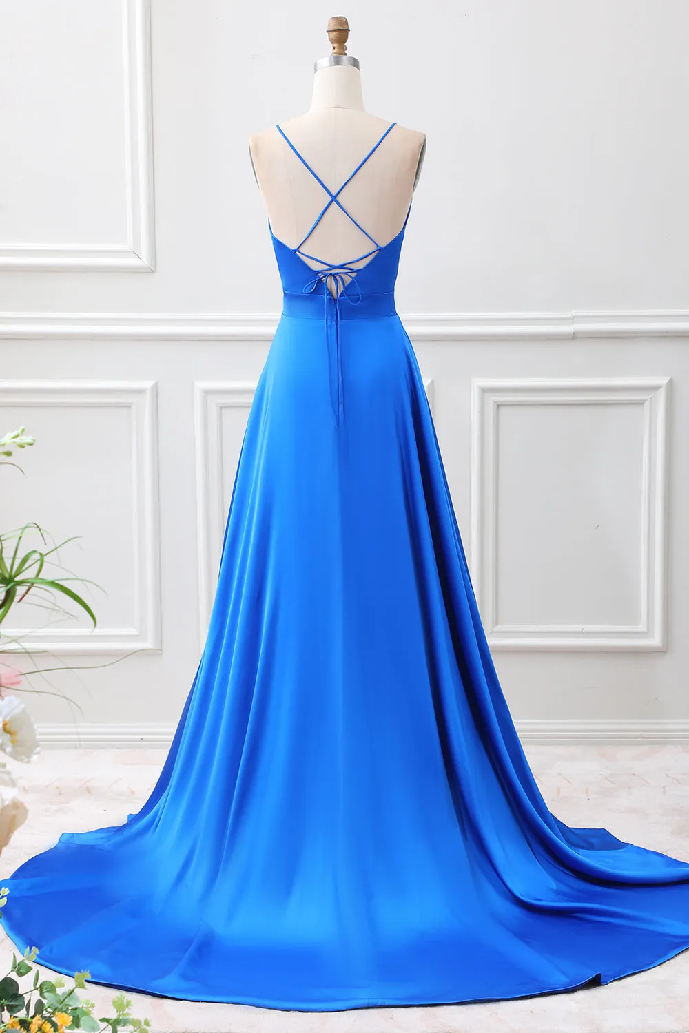 Royal Blue A Line Spaghetti Straps Satin Maxi Dress with Slit