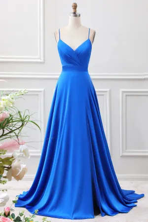 Royal Blue A Line Spaghetti Straps Satin Maxi Dress with Slit