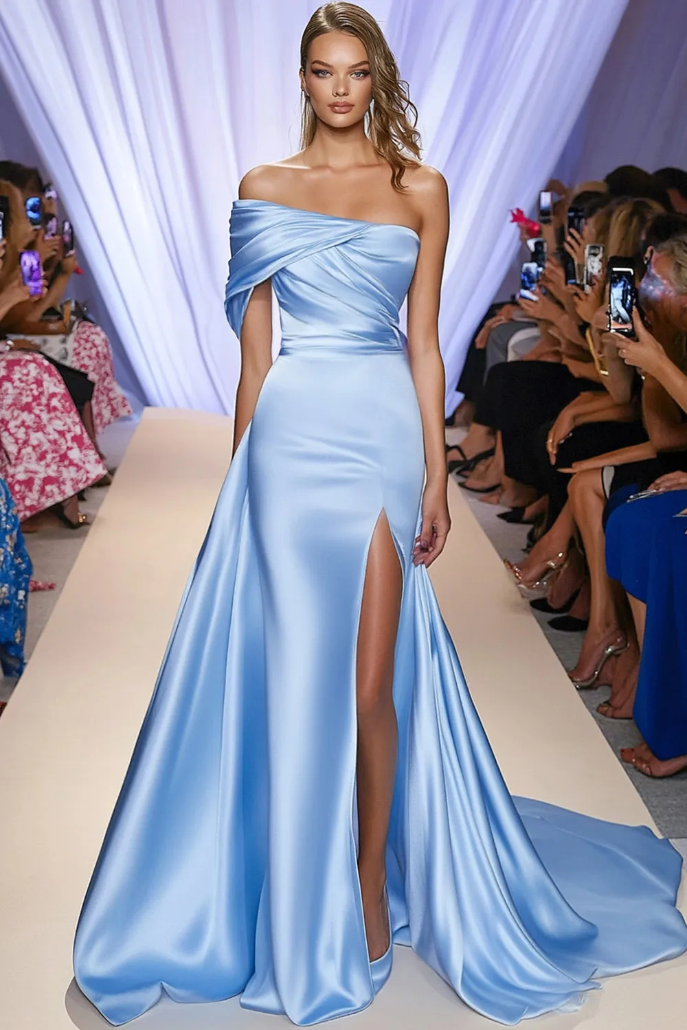 Ruched One Shoulder Satin Light Blue Formal Dress with Slit