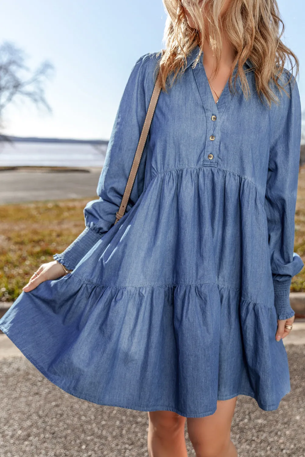 Smocked Cuff Tiered Denim Mini Dress