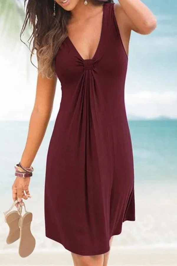 Solid Color Deep V Knotted Feminine Mini Dress