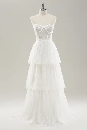 White Strapless Corset Tiered Long Wedding Dress