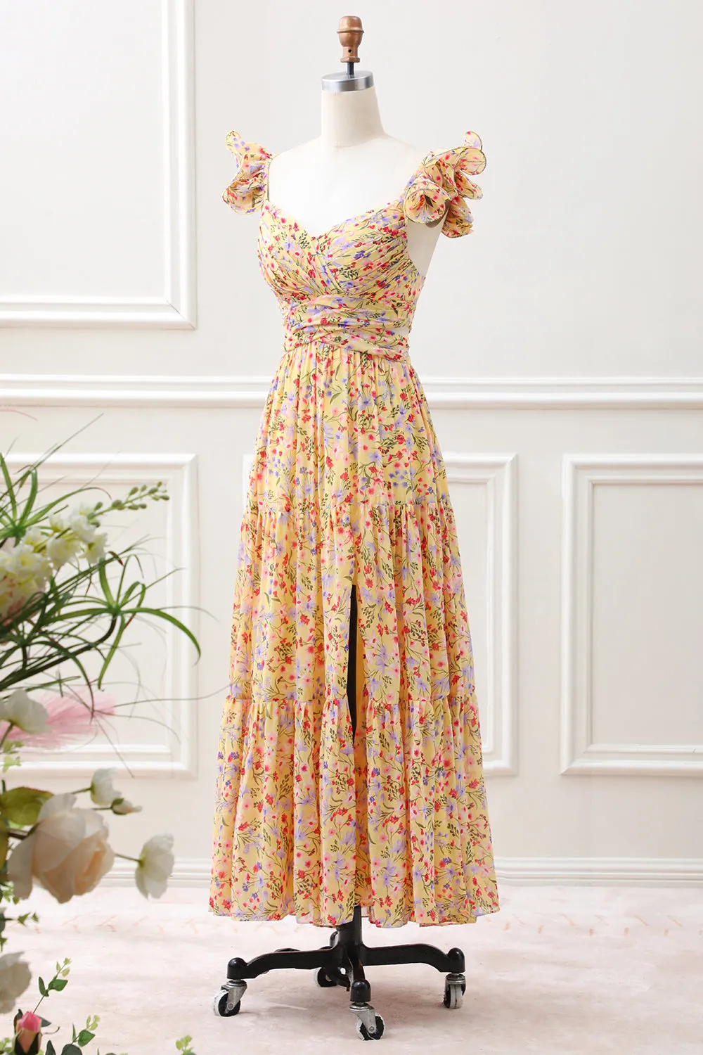 Yellow Flower A Line V Neck Print Pleated Wedding Guest Dress with Slit